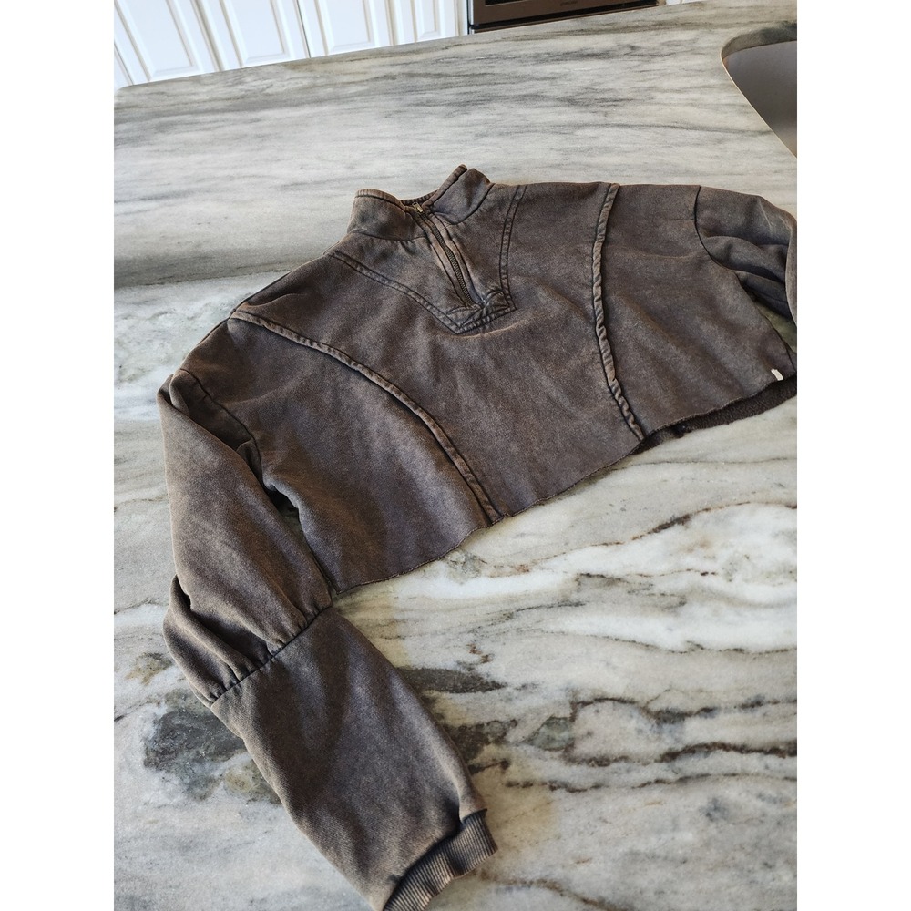 Out From Under Urban Outfitters Brown Mineral Wash Cropped Quarter Zip Pullover - Picture 2 of 8